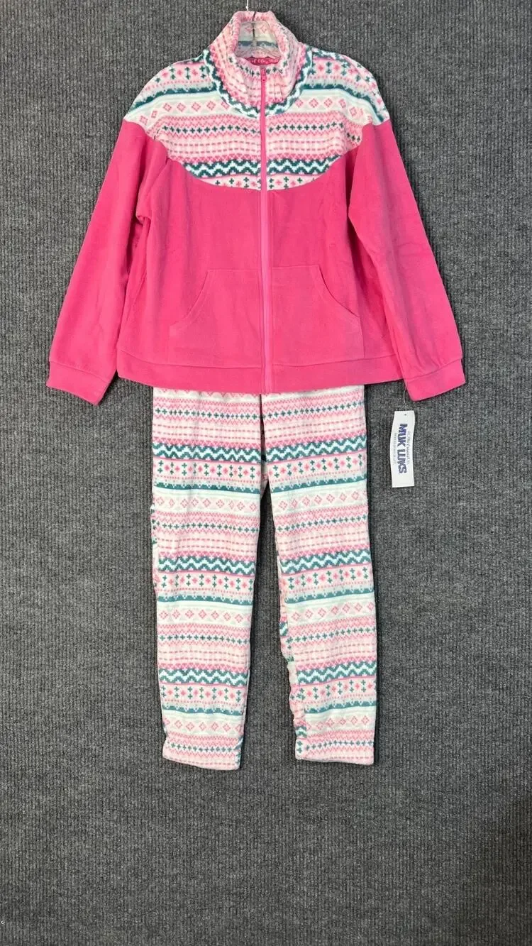 Muk Luks Lounge Set Womens Medium Fleece Pink Blue Jacket Pants Cozy 2 Piece